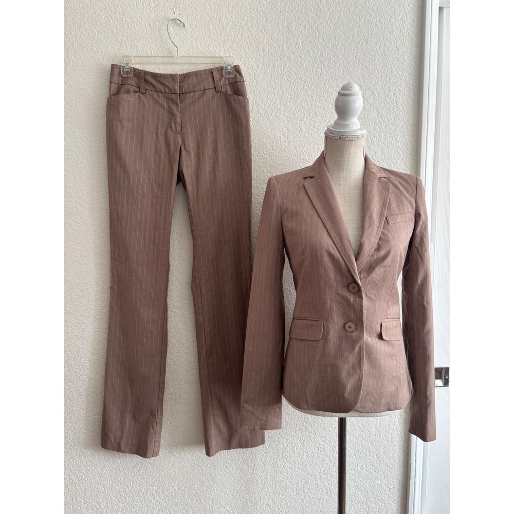 New York & Company Pant Suit Size 0 Tall Brown Pinstripe Blazer Trousers Set